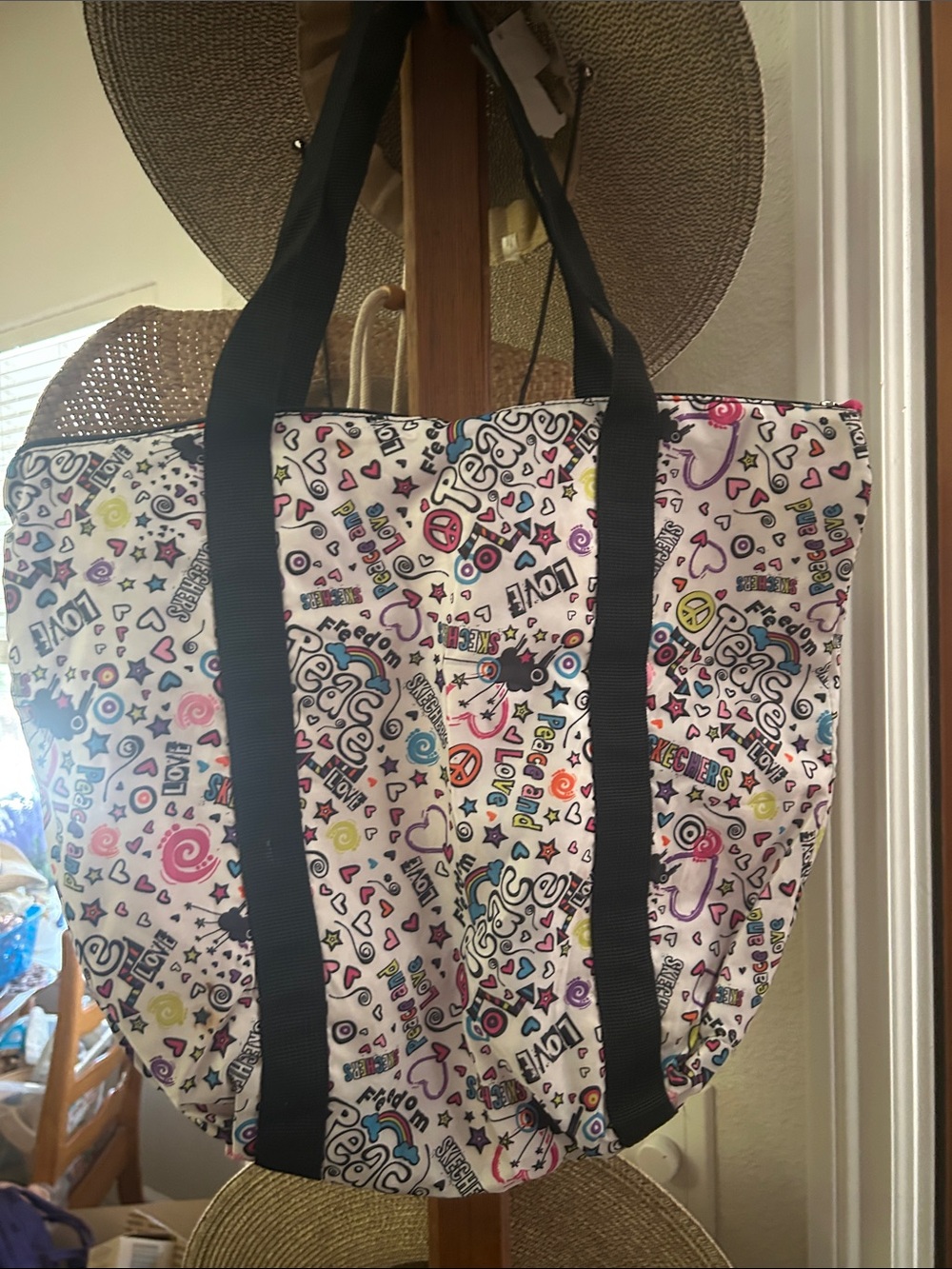 Skechers White Doodle Print Tote with Black Straps